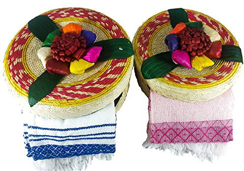 Jacq & Jürgen Handwoven Palm Tortilla Warmer Basket with 2 Handloomed Cotton Cloths – Multicolor Floral Relief Lid – Authentic Mexican Artisan Tortillero & Pancake Keeper