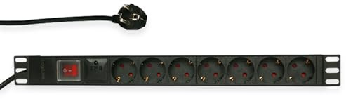 LogiLink Professional PDU7C01 högkvalitativ 19 tum grenuttag 7-vägs CEE7/3 (skyddskontakt) med överspänningsskydd och på/av-brytare svart