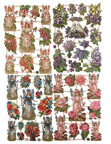 Glanzbilder Elfen und Blumen Set aus 4 verschiedenen Oblaten Papierbögen zum Basteln und Verzieren