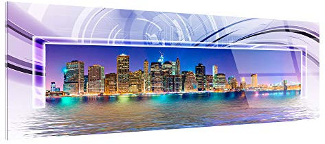 DECLINA Tableau Plexiglas Panoramique New York Violet - Impression Verre Acrylique Métropole Urbaine - Décoration Murale pour déco Maison, Cuisine, Salon, Chambre, Bureau - 150x60 cm