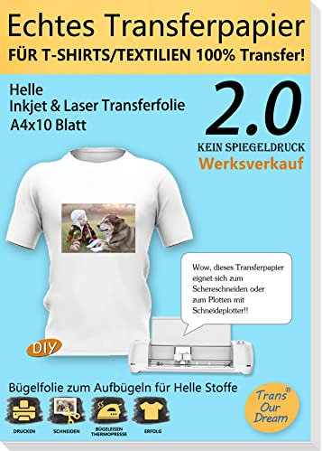 TransOurDream A4X10 Blatt+1 Silikonpapier,Echte Inkjet/Laser T-Shirt Transferpapier, Transferfolie Bügelfolie(durchscheinend Folie), für helle Textilien, Textilien Aufbügeln