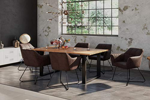 SAM 7tlg. Essgruppe Dora 160 x 85 cm, Mangoholz massiv & naturfarben, Baumkantentisch mit U-Metallgestell in Mattschwarz + 6X Stuhl Kirin in Wildleder-Optik