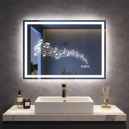 STARLEAD 500x700 mm Bathroom-Mirror-with-LED-Lights and Bluetooth, LED-Bathroom-Wall-Mirror with Anti-Fog, 3 Colors Dimmable, Memory Function, Tempered Glass CRI90+, IP44, Horizontal/Vertical