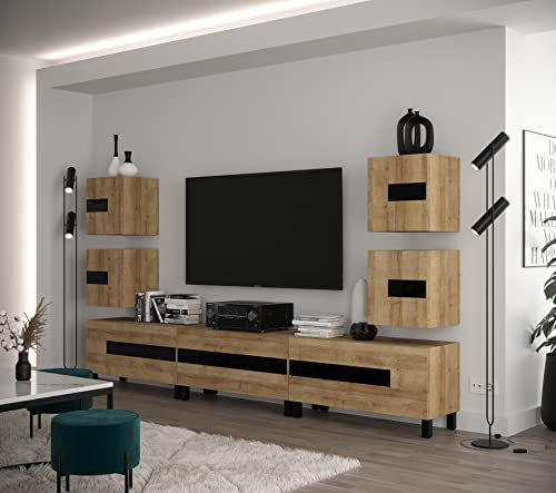 Furnitech Wohnwand Wohnzimmer | Wohnzimmer Möbel mit LED Weiß | Hängend Wohnwand Modern | Wohnzimmer Schrankwand mit Regale und TV Schrank (Future C98-22DZ-FB-M6-1A)