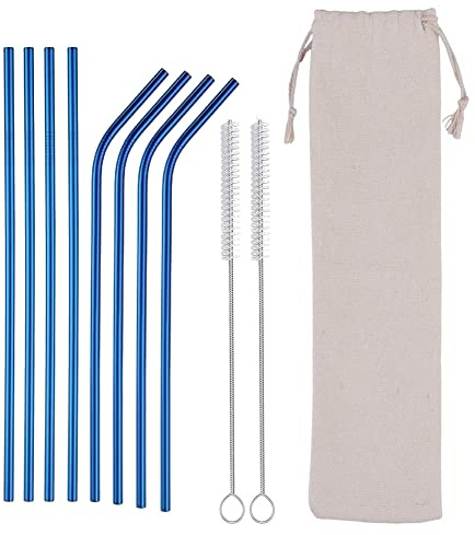 Lot de 8 pailles réutilisables en métal et nettoyeurs - 21,5 cm - 0,06 cm - 4 pailles droites + 4 pliées + 2 brosses avec étui de sac - Bleu