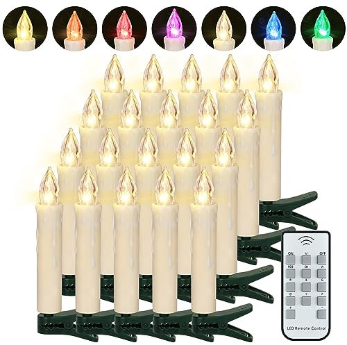 FREEPOWER 20er LED Christbaumkerzen Kabellos mit Fernbedienung Timer Flackern, Bunt & Warmweiß Weihnachtsbaum Kerzen für Weihnachten, Innen Außen Wasserdicht Weihnachtsdeko Lichterkette