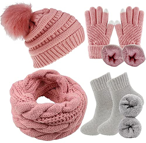 CheChury Damen Kombi Set Schal Mütze Set Loop Schal Gestrickt Beanie Strickmütze Fleece Bommelmütze Pompon Touchscreen-Handschuhe Strick mit Kreis Geschenkset für Frauen