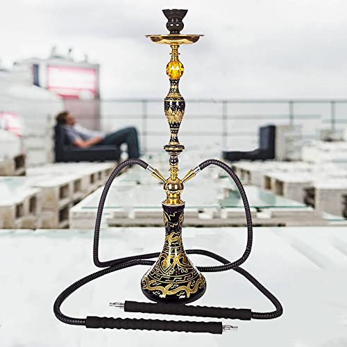 ZYFC Juego de Cachimba de 2 o 4 Mangueras, Shisha de Cachimba con Base de Jarrón de Vidrio Estable, Tazón de Cerámica y Cenicero de Pinzas para Carbón, Puntas y Cubiertas de Papel de Aluminio