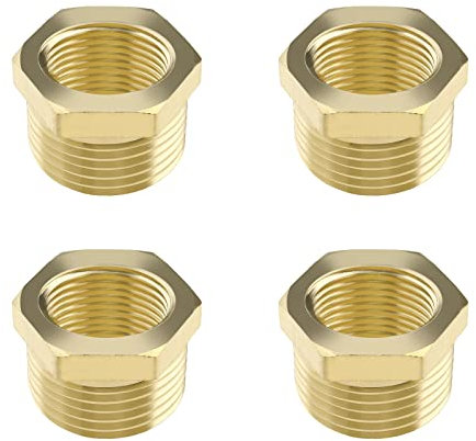 The Lord of the Tools 4 conectores reductores de casquillo macho de 3/8 pulgadas a rosca hembra de 1/4 pulgadas, convertidor hexagonal de latón para tubería de agua de jardín