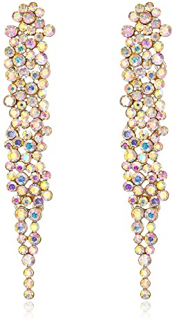 EVER FAITH Wedding Rhinestone Crystal Art Deco Statement Earring, Banquet Prom Long Chandelier Dangle Earrings for Woman Bride Iridescent AB Gold-Tone