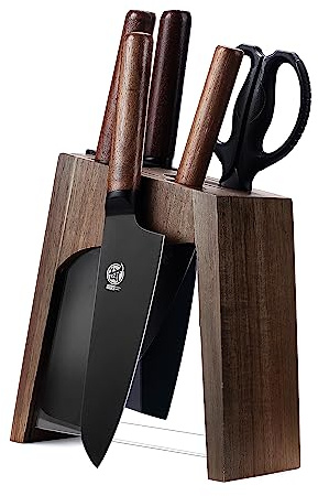 MITSUMOTO SAKARI 6 Pcs Professional Japanese Kitchen Knife Set with Scssior | German Premium Alloy Steel Cooking Knife Set with Block, Walnut Knife Block with Knives and Scissor， Built-in Sharpener