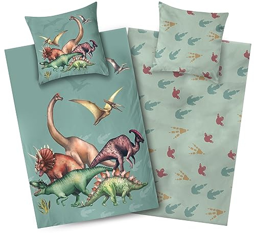 Aminata kids Biancheria da letto 135 x 200 cm, per bambini, in flanella, in cotone, verde, per ragazzi, set di biancheria da letto double-face, 2 pezzi, calda e morbida