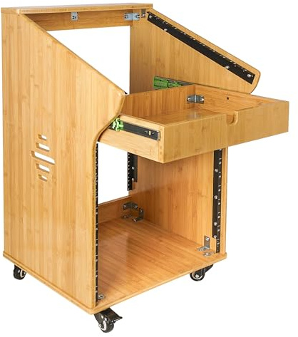 Sound Town DIY Solid Carbonized Bamboo Studio Rack with 11U Slant Mixer Top, 10U Front, 2U Drawer, Rubber Feet, Casters, for Recording Room, PA/DJ Equipment, Home-Audio (STBR-M11X10)