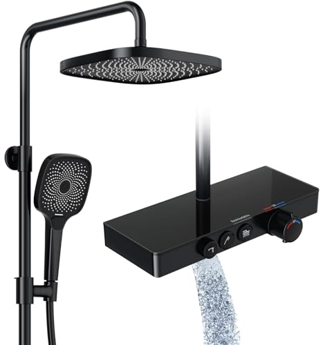 Rainsworth Duschsystem med termostat och glashylla svart – duscharmatur komplett set med regndusch 26 x 26 cm, handdusch 3 stråltyper och nedre pip – duschset regndusch med armatur
