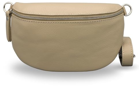 Adel Bags Bauchtasche Damen Echtleder Emma Silber Handgemachte Umhängetasche Crossbody Bag Schultertasche mit Ledergurt Stylische Hüfttasche Made in Italy (Taupe-Silber 1, Medium)
