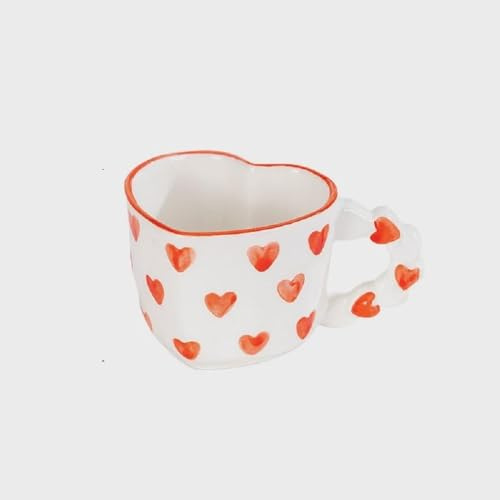 FülleMore Süße Kaffeetasse mit Herz-Henkel 250ml Porzellan Kaffeebecher Herzform Keramiktasse Valentinstagsgeschenk Geburtstag Geschenkidee für Freund Freundin Partner (Rot)