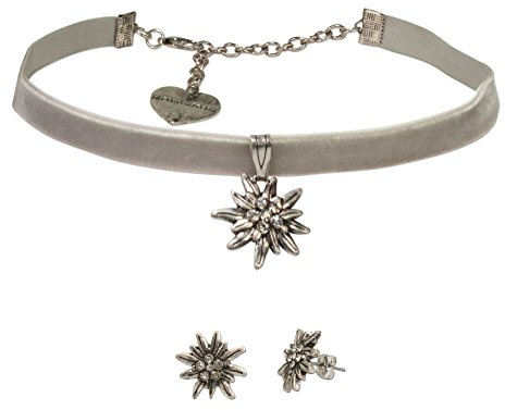 Schmuckset Trachtenkette Samt & Edelweiß-Ohrstecker - Damen Samt-Kropfband und Ohrringe, Kropfkette elastisch und Trachtenohrringe für Trachtenbluse, Dirndlkette enganliegend, Oktoberfest (grau)