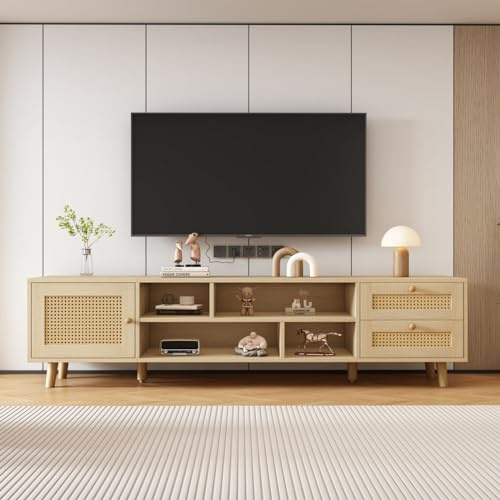 KOMHTOM Holzfarbener Rattan TV Schrank Sideboard, Aufbewahrungsschrank Fernseher Tisch mit Schubladen und offenen Fächern, Mehrzweckschrank für Wohn- und Schlafzimmer