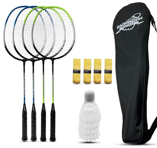 Magicorange Set di 4 racchette da badminton per giochi all'aperto, tra cui 4 racchette, 4 volani, 4 nastri di ricambio e 1 borsa per il trasporto (blu + verde)