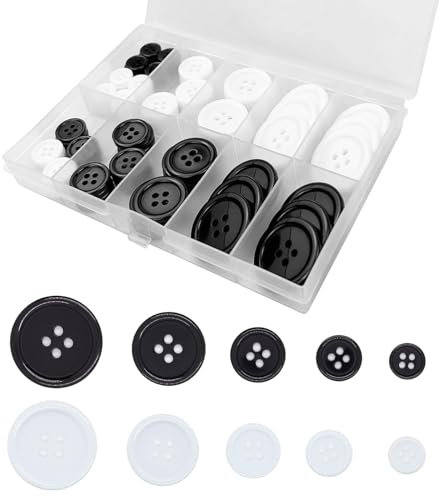 80 Stück Schwarze Weiße Knöpfe, Knöpfe für Bekleidung, Knöpfe zum Nähen, Harz Buttons, 4 Löcher Knöpfen, Verschiedene Knöpfe für Hosen, Anzüge, Mäntel, DIY Handwerk, 6 Größen