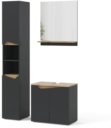 Vicco Badmöbel-Set Marelle, Anthrazit, 60 cm | besteht aus Waschbeckenunterschrank, Spiegelschrank und Hochschrank