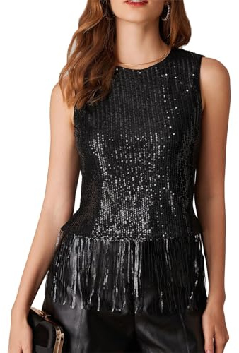 GRACE KARIN Blusa sin Mangas con Lentejuelas Brillantes para Mujer, Blusa con Purpurina, Camisetas Negras L