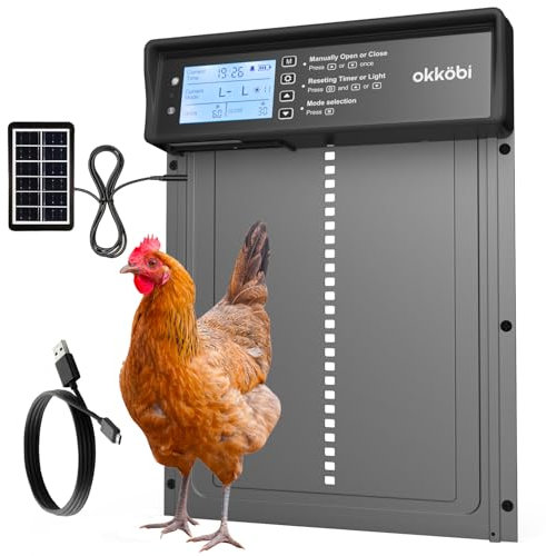Okkobi Hühnerklappe Automatisch Solar - LCD Display - Automatische hühnerklappe mit Fernbedienung, Lichtsensor & Timer - Sicherheit & Seelenfrieden: Sicherheitsmechanismus - 5 Jahre Schutz