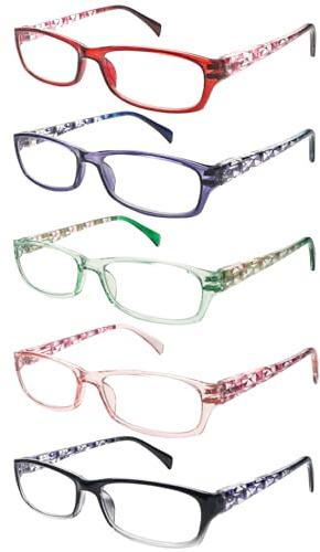 ZONLON 5er-Pack Stilvolle Lesebrillen für Damen, Blaulichtfilter, Quadratische Federscharniere, Robuste Computer-Lesebrille