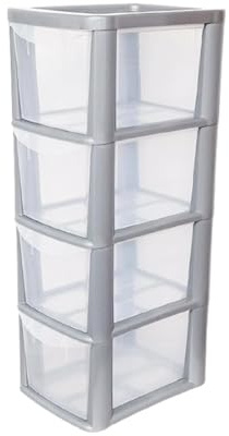 KYY'Z Rattan Effect Drawer Plastic Storage Organizer- Multipurpose Storage Drawer Unit Home Kitchen Office School Garage Bedroom Bathroom Stationery Toys 25Dx19Wx 62Hcm (Silver/Clear, 4 Tier)