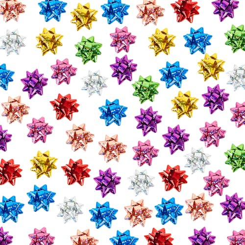 Dooozy 100 Pcs 1 Lazos Regalo Adhesivos Set, 7 Colores Laser Moños y Cintas para Decorar Regalos, Bodas, Fiestas, Cumpleaños