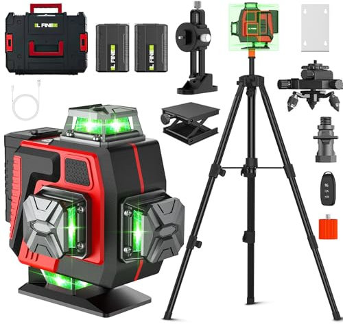 Niveau Laser 4 x 360°, Laser Chantier avec Télécommande et Trépied,4D 16Lignes,Batterie Rechargeable,Niveau Laser 360 Autonivelant,Laser Vert pour Travaux de Construction (2x2400mAh)