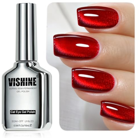 Vishine Smalto semi-permanente per occhi di gatto glitterati, 16 ml, effetto galassia olografica riflettente, nail art fai da te, rubino rosso MY426