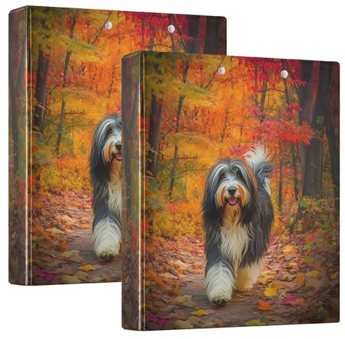 Custom Bearded Collie Fall Leaves Park 1 1/2 Inch 3 Ring Binders Hold 200 Sheets Notebook Folders Cute Round Ring Presentation Binder, 12.4x10.63x2.36inch, 2 Pack