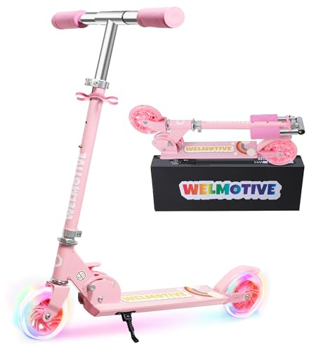 Welmotive Kinderroller mit LED Rädern Klappbarer Scooter aus Aluminium höhenverstellbar Ultraleicht Tretroller für Kinder ab 3 Jahren bis 50 kg belastbar Geschenkidee für Geburtstag Weihnachten Pink