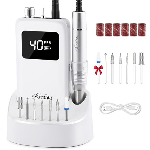 Kredioo Torno para Uñas Profesional 40000RPM, Motor sin Escobillas, Recargable＆Portátil, Lima Electrica Motor Brushless, 7 Brocas, Set Pulidor, Manicura Pedicura, Kit Fresa, LED, Acrílico Gel/Esmalte