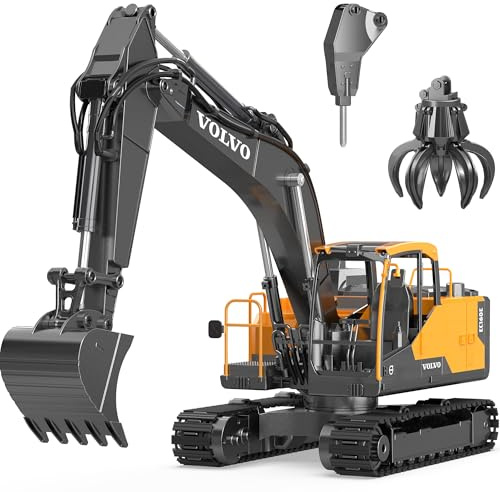 DOUBLE E Volvo 1:16 Scale RC Excavator 3-in-1 Construction Toys with 360° Rotation, Metal Shovel, Drill & Grabber – Professional Grade Remote Control Engineering Vehicle