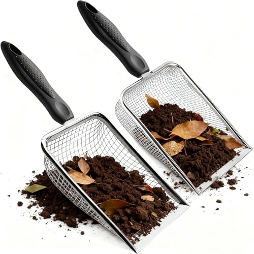 Lot de 2 tamis de sol de jardin avec poignée, en acier inoxydable (pelle avec maille de 3,8 mm et 5 mm) portable, idéal pour le sable, les rochers, la saleté, le compost