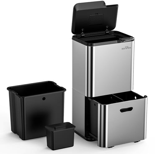 mVm Kitchen Bin,63L Triple Rubbish Bin,3 Compartment Stainless Steel Press Bin,Recycling Bin with Soft-Close Lids and Plastic Inner Buckets,Fingerprint Proof,Odour Seal,Large Capacity Trash Can
