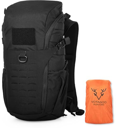 VOTAGOO Hunting Backpack Sac à dos de trekking, sac à dos de chasse, étanche, fermeture éclair intégrale et protection contre la pluie, sac à dos de jour de chasse pour fusil, arc et pistolet, Noir