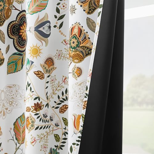 XiDi Weiße Verdunkelungsvorhänge fürs Schlafzimmer 137cm Länge Pflanzenprint Boho Vintage mit Thermo-Isolierung 2er Set