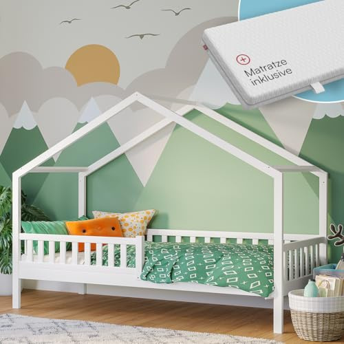 Bellabino Vils Kinderbett 90x200 cm – Hausbett mit Matratze, Rausfallschutz & Lattenrost in Weiß – Montessori Kinder Bett aus Kiefer Massivholz – Kleinkindbett für Jungen und Mädchen