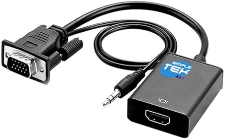 SIMPLETEK - Adaptador de audio y vídeo VGA macho a HDMI hembra, jack de audio de 3,5 mm, alimentación con cable USB incluido