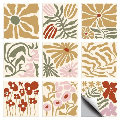 CHGCRAFT 36 autocollant Mural en Carrelage Marocain Jaune Style Bohème Motif Fleurs et Feuilles Abstraites Imperméable Autocollant pour Carrelage pour Cuisine Salle Bain Décoration Murale 4 × 4 pouces