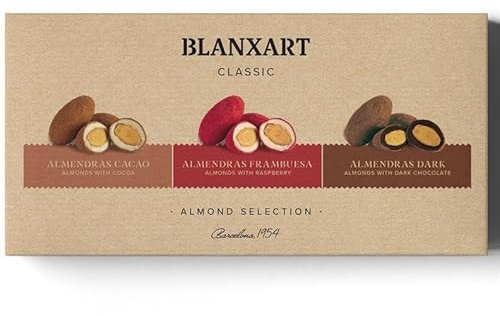 Selección de Almendras Caramelizadas 240g | Blanxar | Chocolate Artesano Gourmet | Con Cacao, Frambuesa y Chocolate Negro | Sin Gluten | Hecho en España
