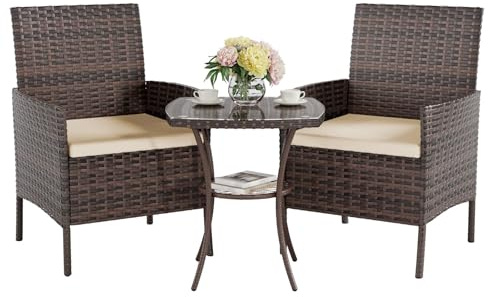 UDPATIO Salotto da Giardino in Rattan, Set Mobili da Giardino con 4 Poltrone e Tavolino, Struttura Metallica, Tavolino con Piano in Vetro Temperato per Terrazzo, Giardino e Balcone, Colori:Marrone