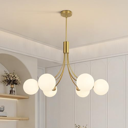 KCO Lighting Lámpara de Araña Moderna 6 Luces Sputnik Cristal Dorado | Diseño Bola Globo, Altura Ajustable, Para Sala de Estar, Para Dormitorio, Para Comedor, Para Cocina