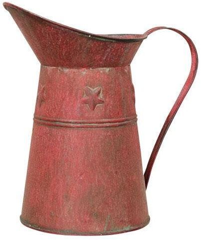 Watering Can - Distressed Red Metal with Stars - Country Rustic Primitive Jug Vase