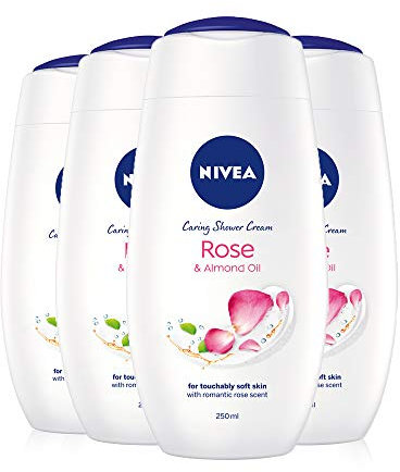 Nivea NIVEA Indulgent Moisture Rose Lot de 4 crèmes de douche (4 x 250 ml), gel douche hydratant au lait d'amande, nettoyant pour le corps luxueux pour femme, nettoyant pour le corps à l'huile d'argan