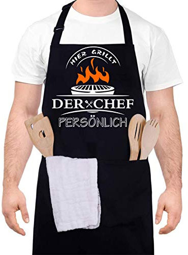upain Grillschürze mit Spruch personalisierbar -Hier grillt der Chef persönlich, Lustig Schürze Baumwoll Kochschürze Zwei Fronttaschen, Geburtstag Männer Geschenkideen für Herren