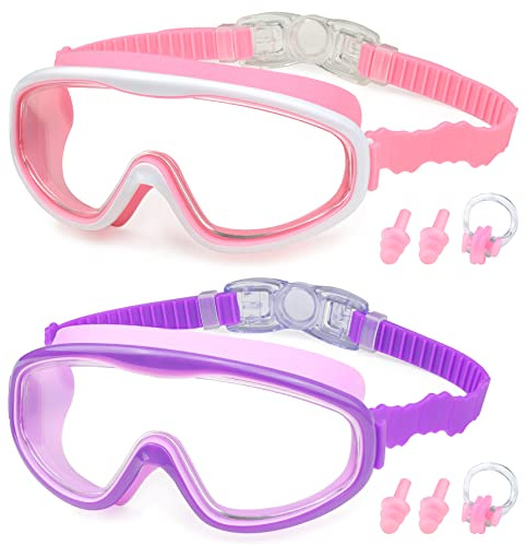 KAILIMENG 2 Pack Kids Swim Goggles, Clear Wide View No-Leak Anti-Fog UV Protection Swimming Glasses with Nose Clip Earplugs for Toddlers Youth Child 3-15 Years Old (Pink & Purple, 2 Pack)